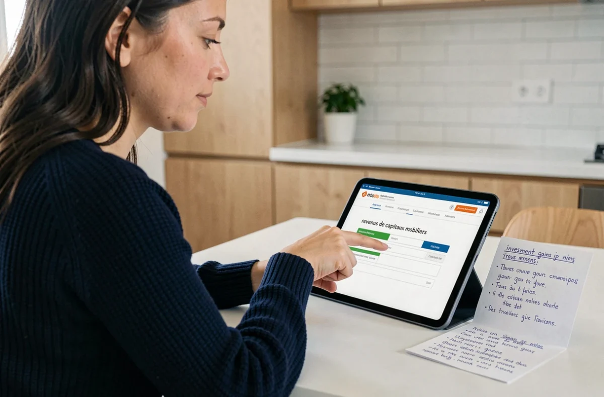 Femme consultant le site des impôts sur tablette pour déclarer ses gains de trading Trade Republic depuis sa cuisine