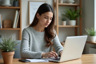 Femme remplissant un dossier de sinistre ECA assurance téléphone sur un ordinateur portable avec un smartphone fissuré posé à côté