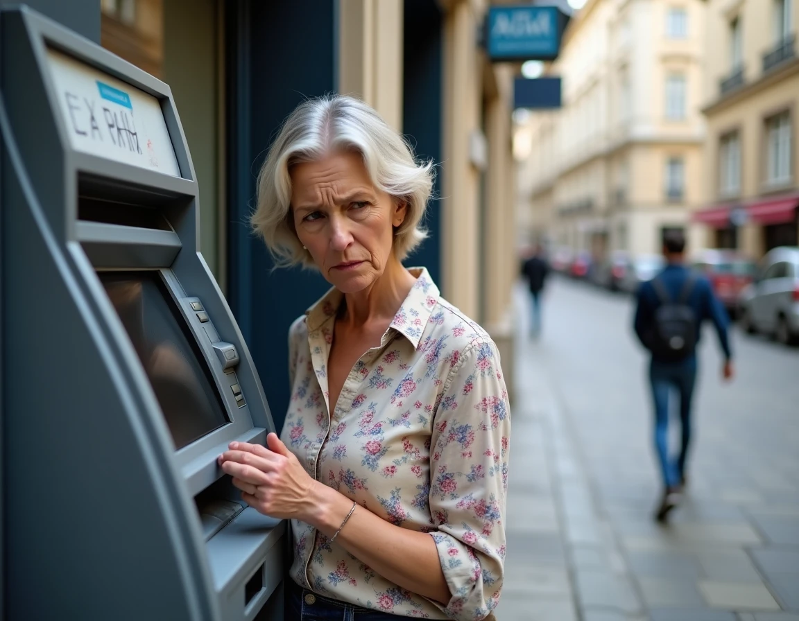 Femme devant un distributeur automatique consultant un relevé bancaire sans voir le virement CAF