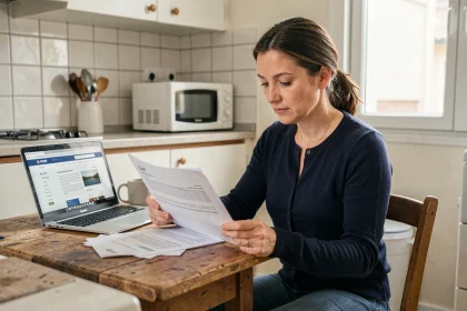Femme consultant ses documents CAF et relevés bancaires à la table de cuisine pour vérifier les dates de paiement APL, RSA et prime d'activité