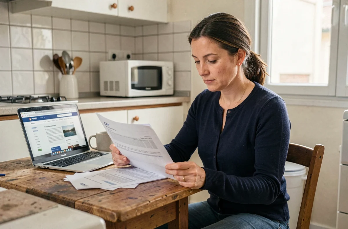 Femme consultant ses documents CAF et relevés bancaires à la table de cuisine pour vérifier les dates de paiement APL, RSA et prime d'activité