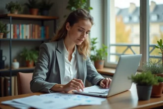 Femme consultant sa fiche de paie et son budget sur un bureau à Paris, illustrant un salaire de 2200 euros brut