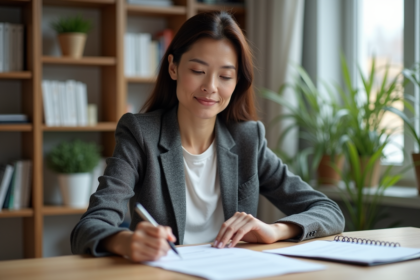 Femme d affaires en bureau moderne lisant documents financiers