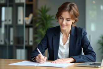 Femme d'âge moyen en bureau professionnel en train de remplir des documents financiers