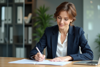 Femme d'âge moyen en bureau professionnel en train de remplir des documents financiers