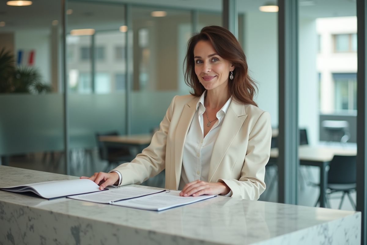 Femme française en tenue professionnelle dans un bureau moderne