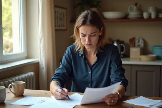 Femme consultant ses relevés bancaires à domicile en Picardie pour analyser ses frais bancaires