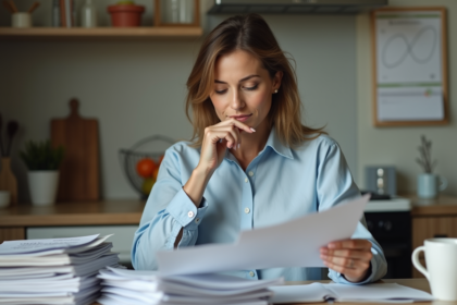 Femme d'âge moyen triant des papiers à la maison