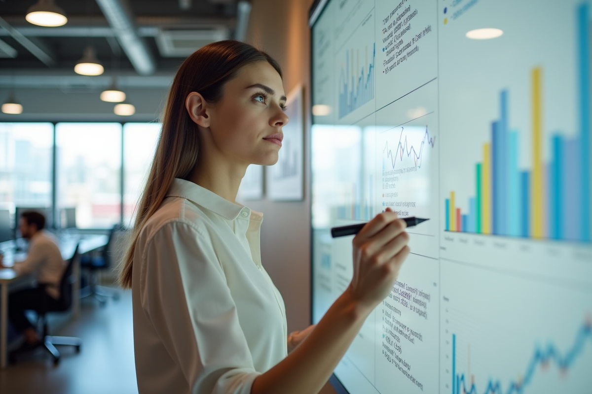 Jeune femme écrivant sur un tableau blanc dans un bureau moderne