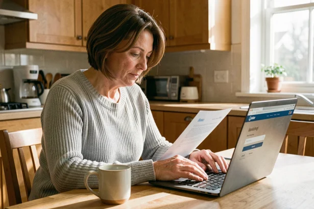 Femme consultant ses identifiants bancaires Cyberplus sur un ordinateur portable dans sa cuisine
