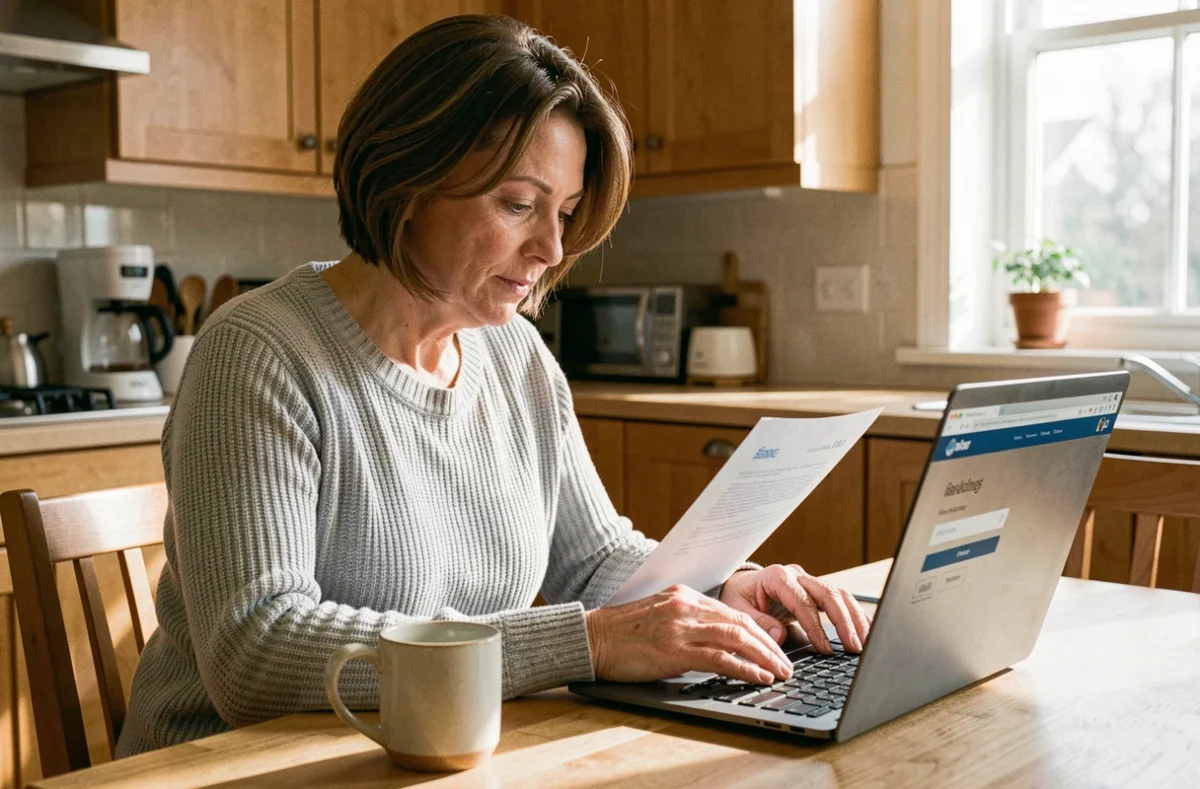 Femme consultant ses identifiants bancaires Cyberplus sur un ordinateur portable dans sa cuisine