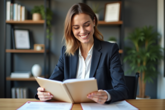 Femme souriante dans un bureau immobilier professionnel