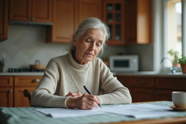 Femme d'âge moyen lisant des documents dans sa cuisine