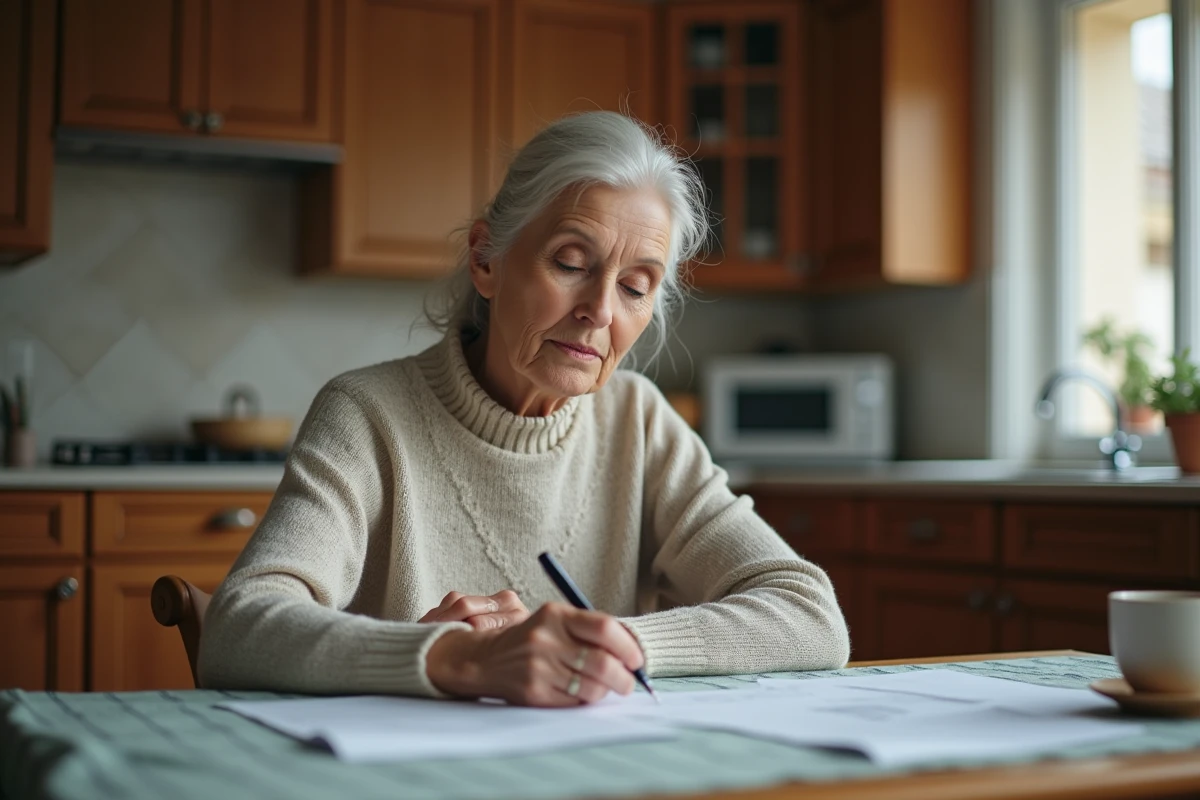 Femme d'âge moyen lisant des documents dans sa cuisine