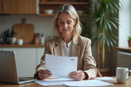 Femme d'âge moyen lisant un document dans une cuisine moderne