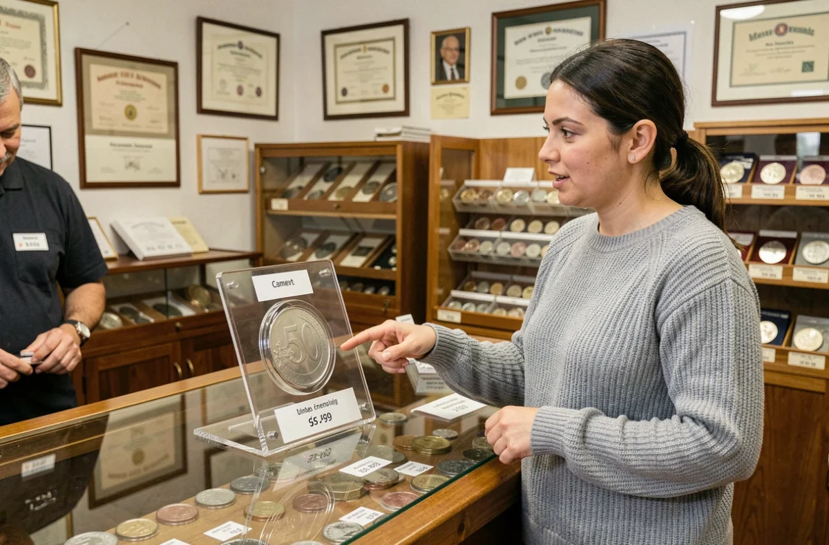 Femme examinant une pièce de 50 centimes rare dans une vitrine de magasin numismatique spécialisé