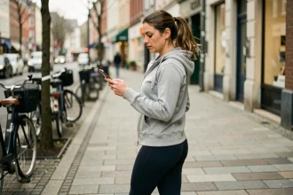 Femme marchant en ville tout en consultant une application de gains sur son smartphone