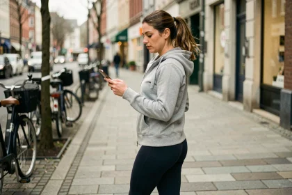 Femme marchant en ville tout en consultant une application de gains sur son smartphone