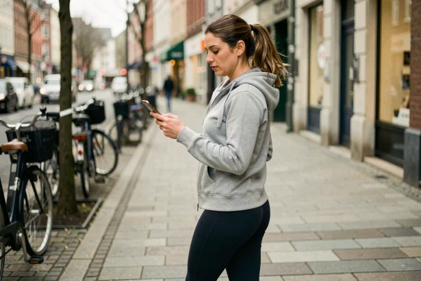 Femme marchant en ville tout en consultant une application de gains sur son smartphone