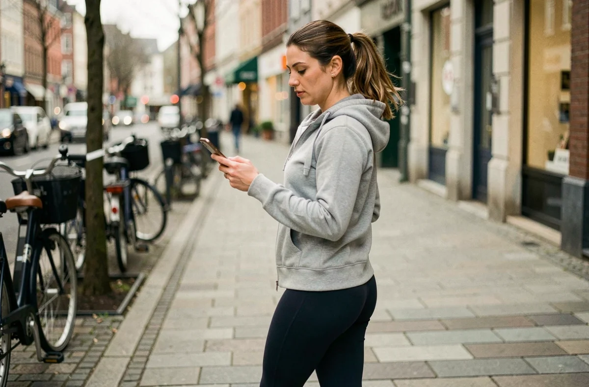 Femme marchant en ville tout en consultant une application de gains sur son smartphone