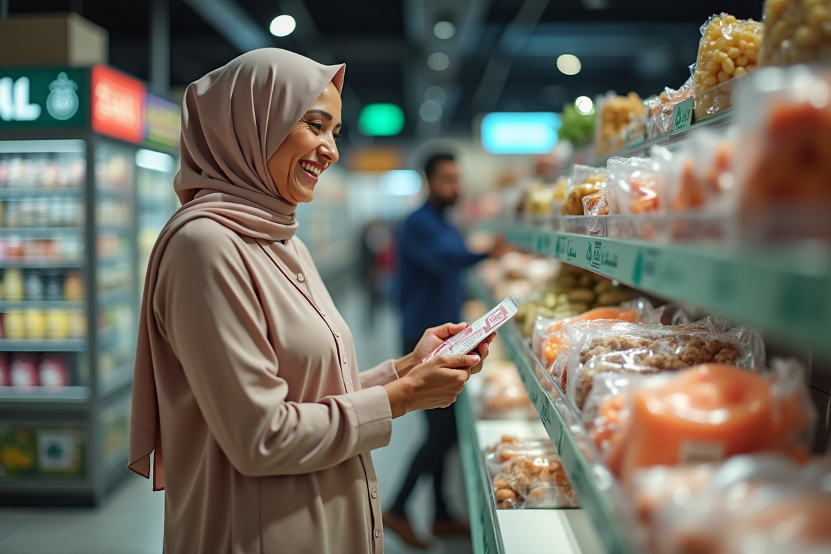 Femme musulmane examinant des produits halal en marché intérieur