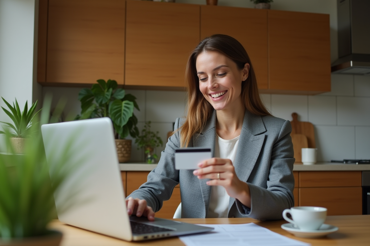 Femme souriante utilisant un ordinateur pour consulter ses finances