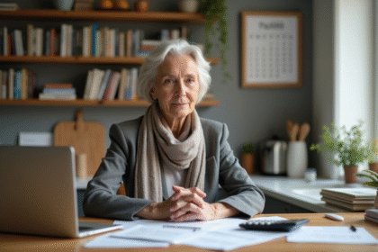 Femme organisée en cuisine avec documents et ordinateur