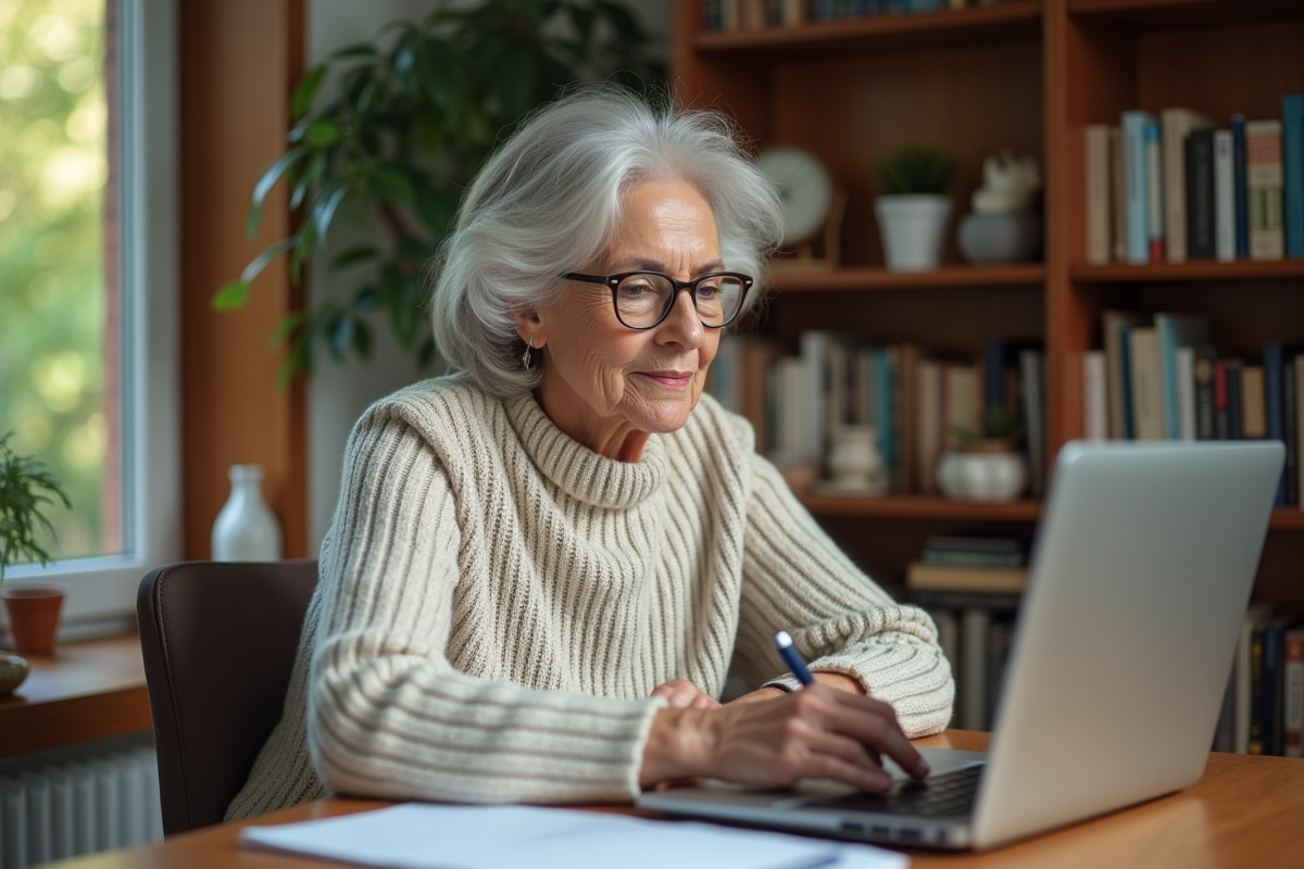 Femme âgée planifiant son budget de retraite sur ordinateur