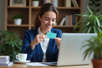 Femme souriante inspectant une carte prépayée à son bureau
