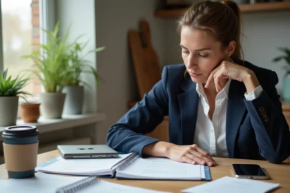 Femme concentrée examinant des documents de prêt dans la cuisine