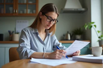 Femme concentrée vérifiant un formulaire CERFA à la maison