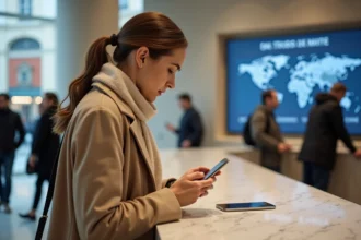 Femme en coat beige utilisant son smartphone en banque