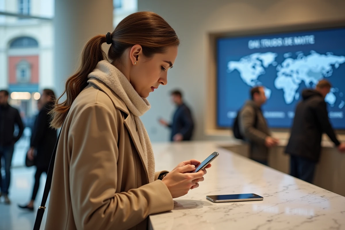 Femme en coat beige utilisant son smartphone en banque
