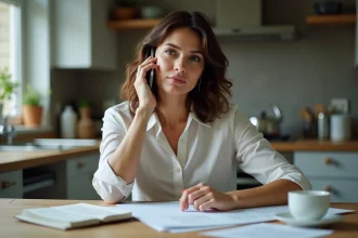 Femme en cuisine au téléphone avec expression réfléchie