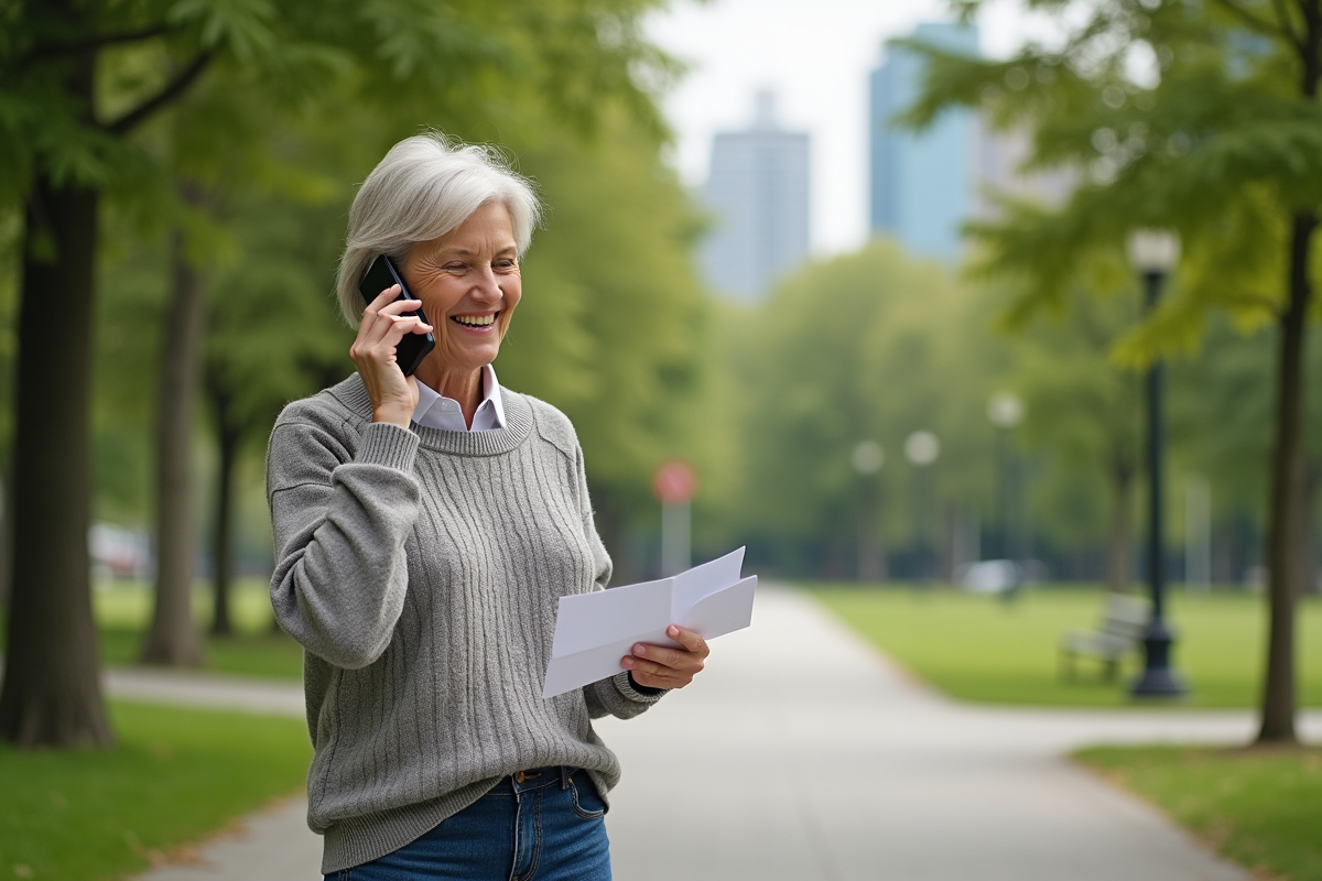 Femme souriante parlant au téléphone dans un parc urbain