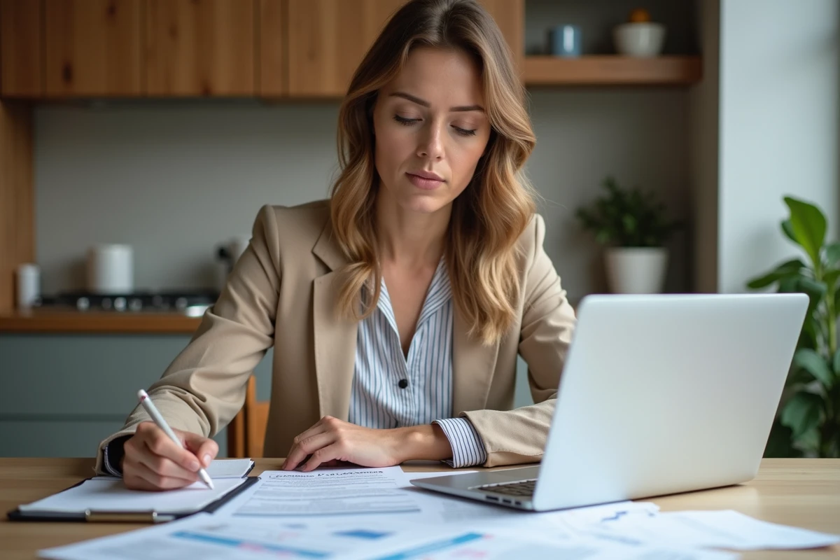 Femme en bureau comparant contrats d'assurance