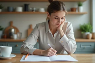 Femme en blouse travaillant à la maison
