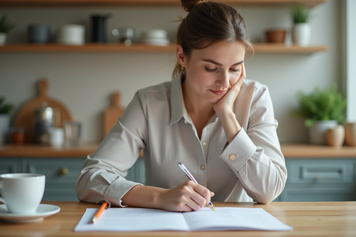 Femme en blouse travaillant à la maison