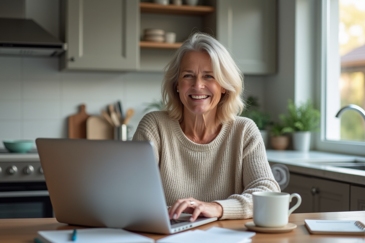 Femme souriante travaillant sur un laptop dans la cuisine
