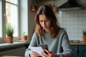 Femme inquiète vérifiant son compte bancaire sur smartphone en attendant un virement CAF