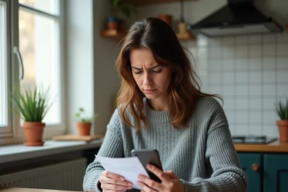 Femme inquiète vérifiant son compte bancaire sur smartphone en attendant un virement CAF