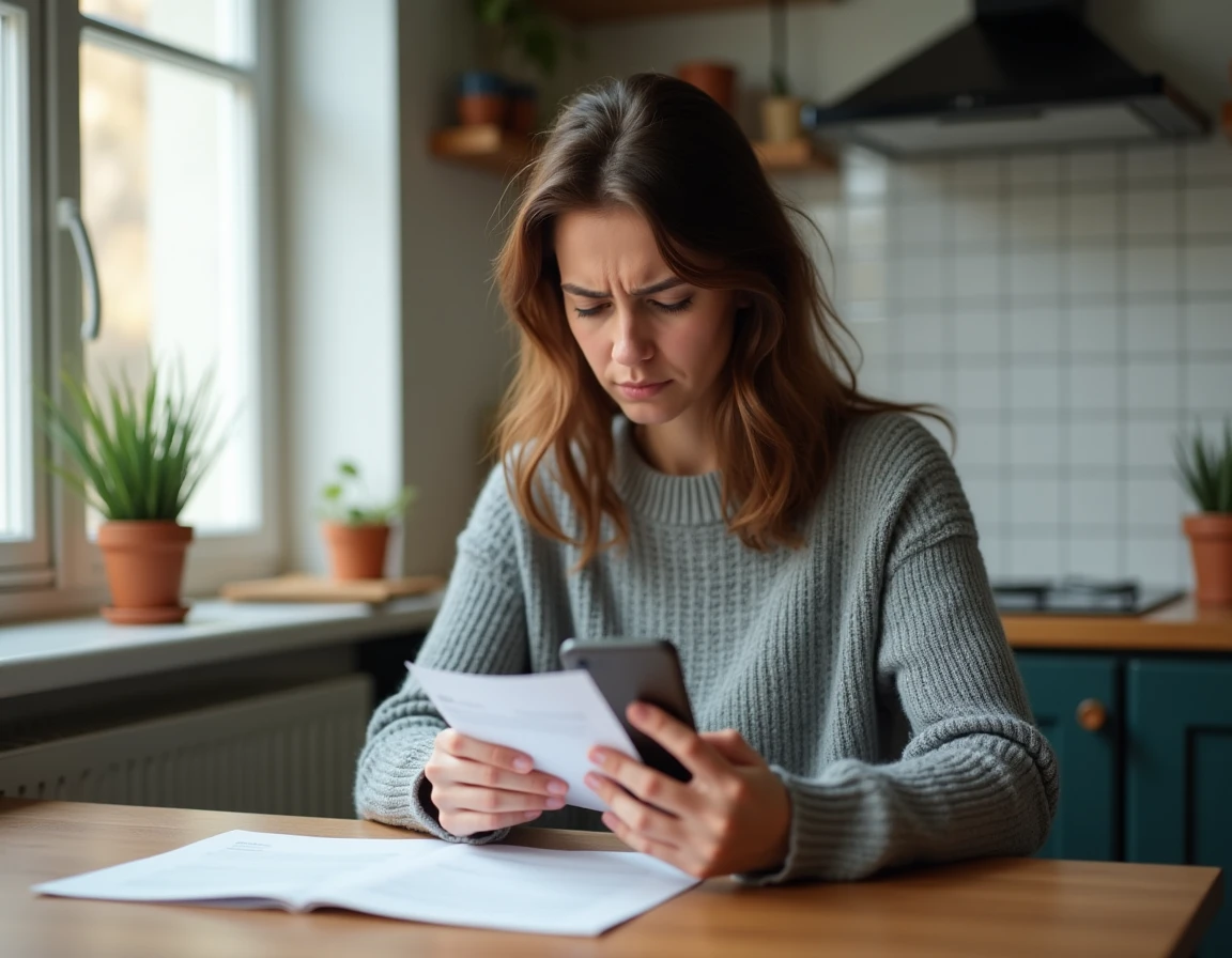 Femme inquiète vérifiant son compte bancaire sur smartphone en attendant un virement CAF