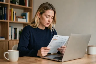 Femme consultant un relevé bancaire et un ticket FDJ à son bureau pour suivre un virement de gains