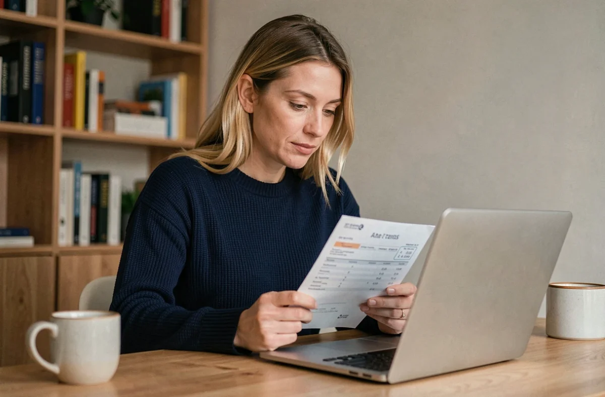 Femme consultant un relevé bancaire et un ticket FDJ à son bureau pour suivre un virement de gains