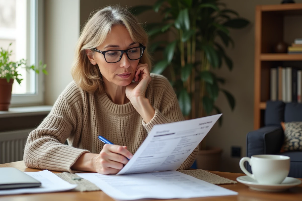 Femme en sweater beige vérifiant une facture avec une tablette