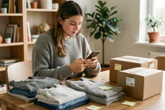 Femme consultant l'application Vinted sur son smartphone entourée de vêtements à vendre sur une table en bois