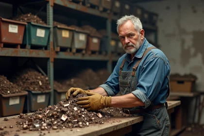 Ferrailleur triant des pièces en bronze dans un entrepôt de récupération métallique