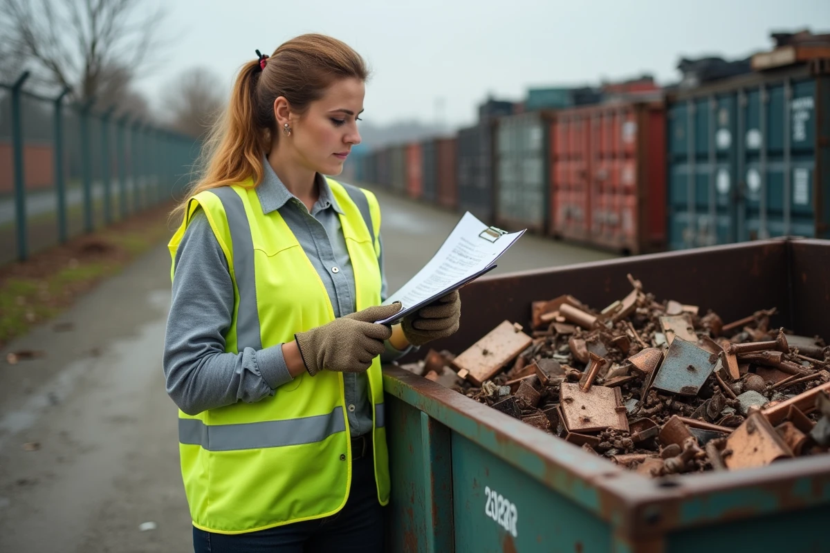 Femme ferrailleuse consultant une liste de prix du bronze dans un centre de recyclage