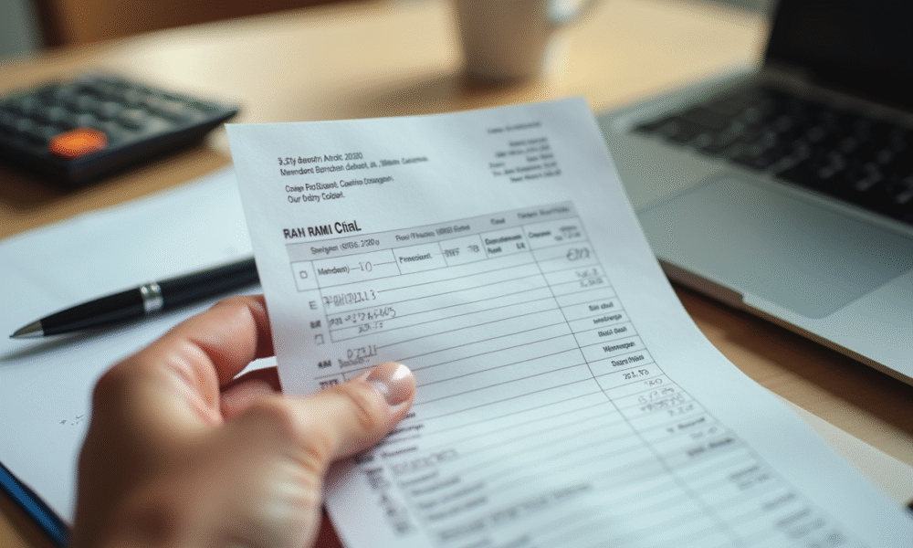 Main tenant une fiche de paie près d'un bureau lumineux