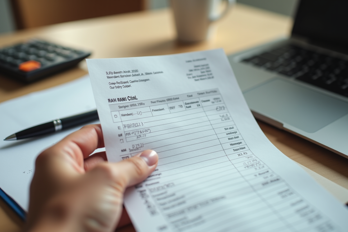 Main tenant une fiche de paie près d'un bureau lumineux